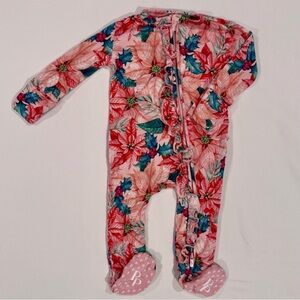 Posh Peanut Footie Girls 0-3M Ruffled Zippered Christmas Bamboo Pink Poinsettias